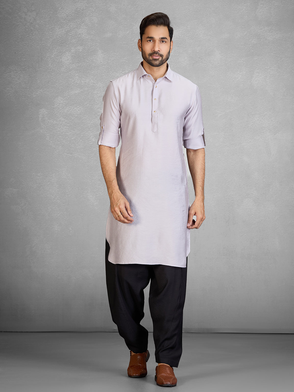 Stylish grey cotton blend pathani suit with pocket