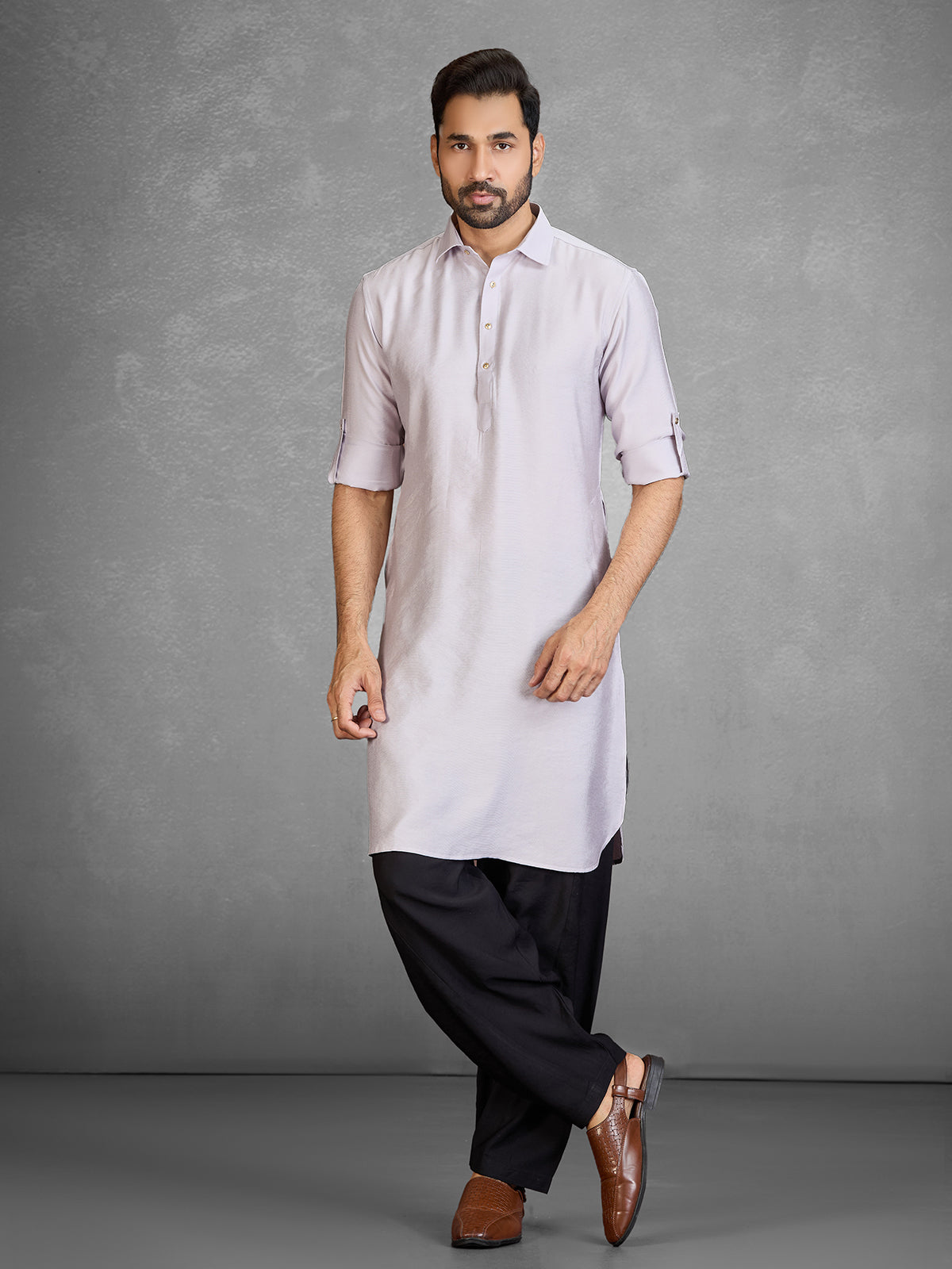Stylish grey cotton blend pathani suit with pocket
