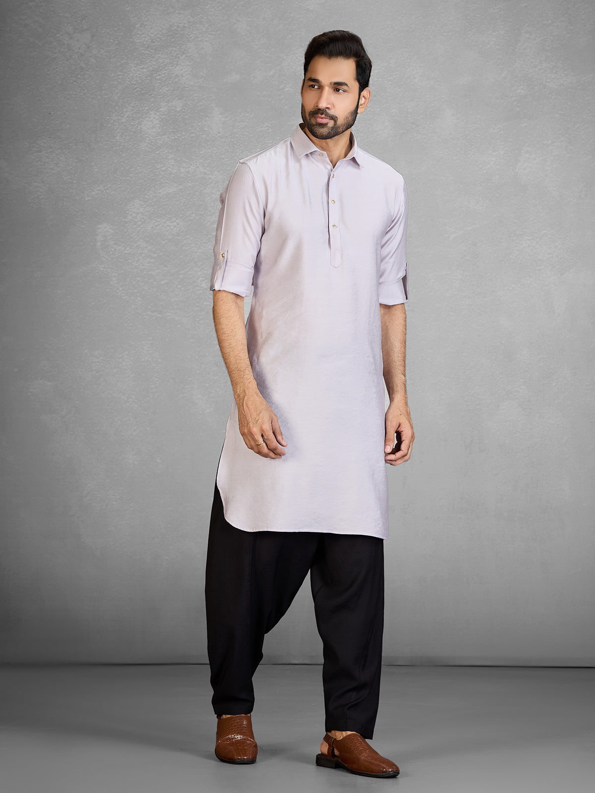 Stylish grey cotton blend pathani suit with pocket