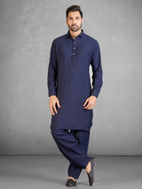 Classic navy cotton blend pathani suit with pocket