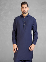 Classic navy cotton blend pathani suit with pocket