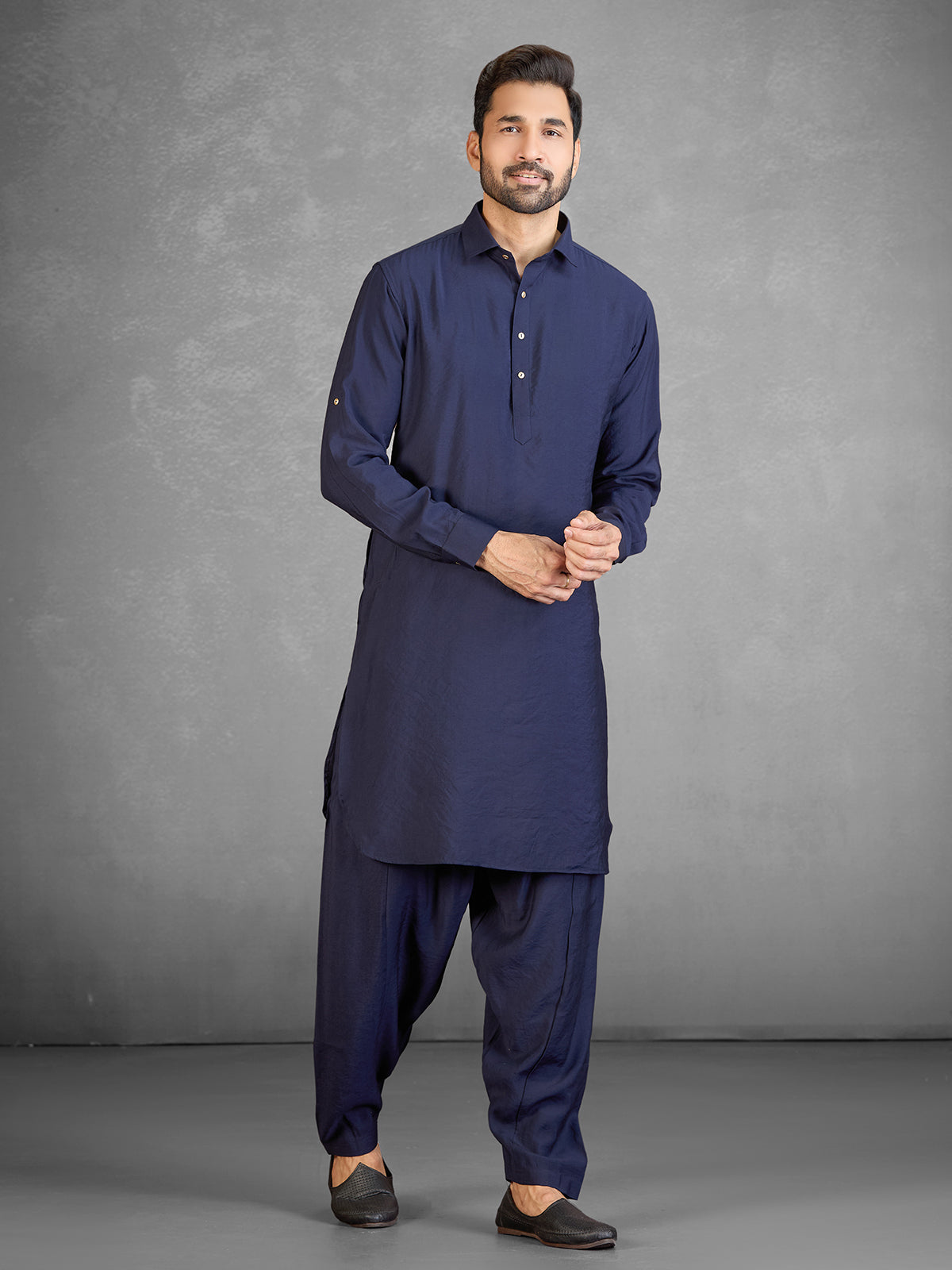 Classic navy cotton blend pathani suit with pocket