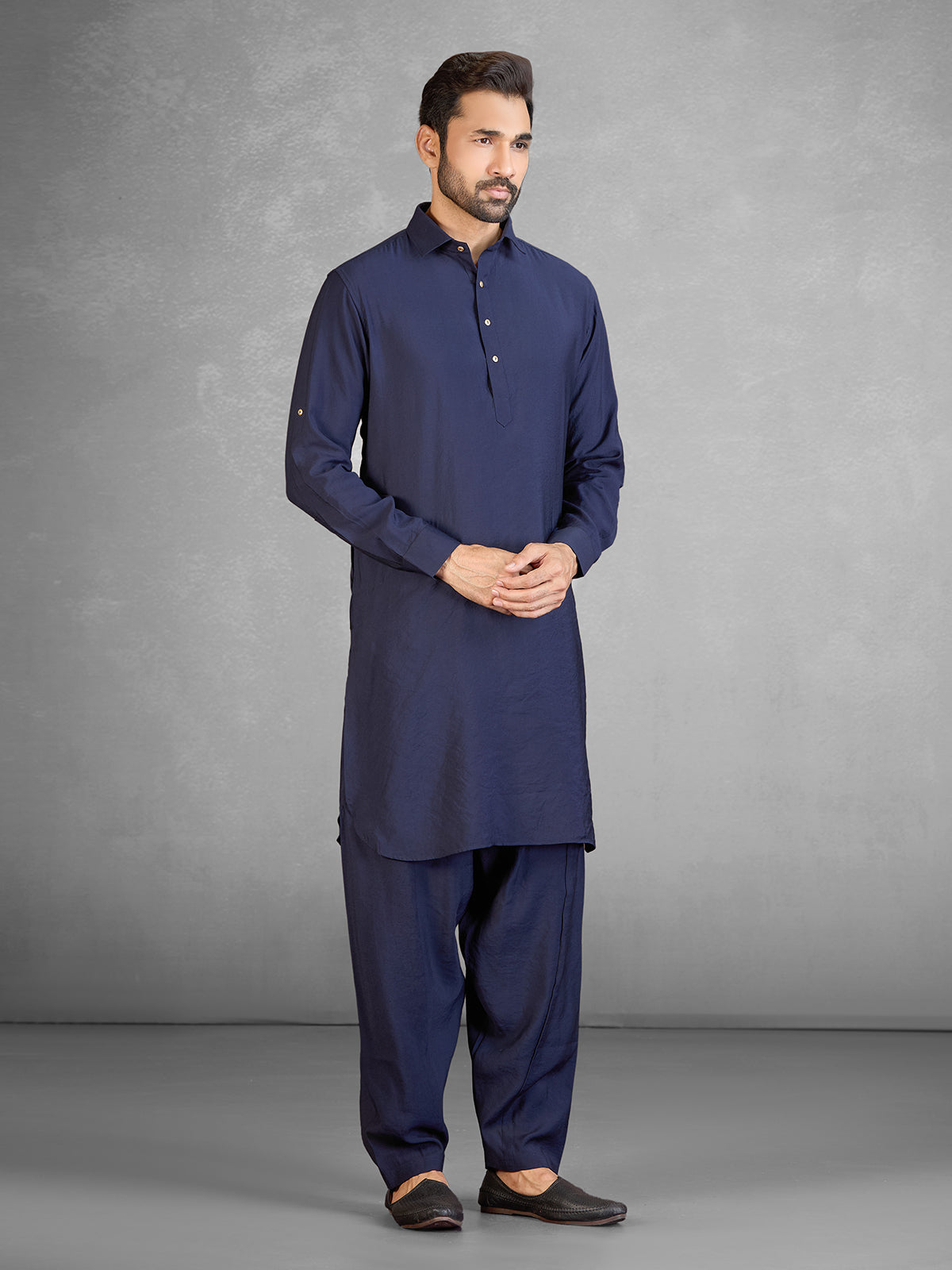Classic navy cotton blend pathani suit with pocket