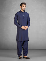 Classic navy cotton blend pathani suit with pocket