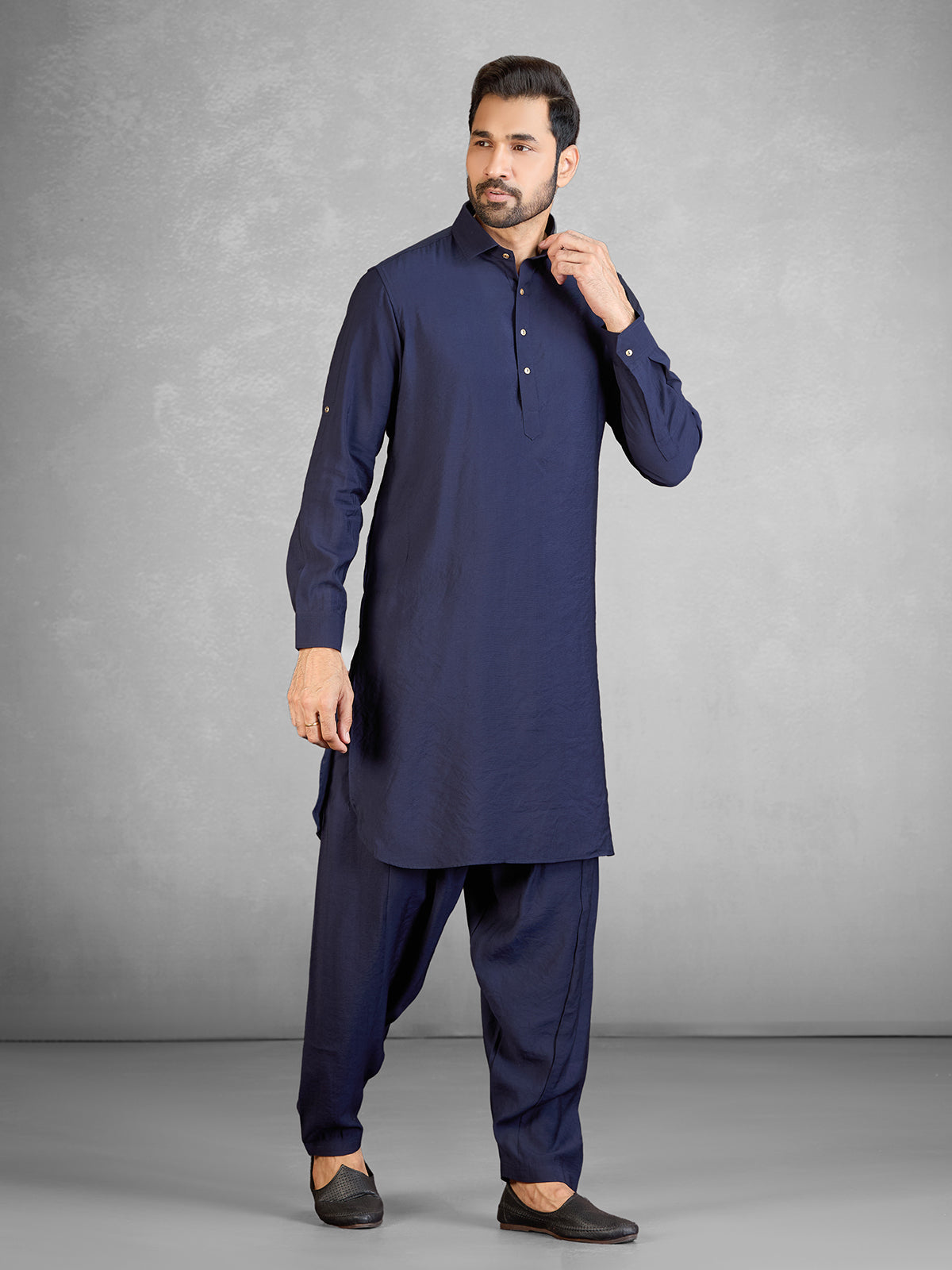 Classic navy cotton blend pathani suit with pocket