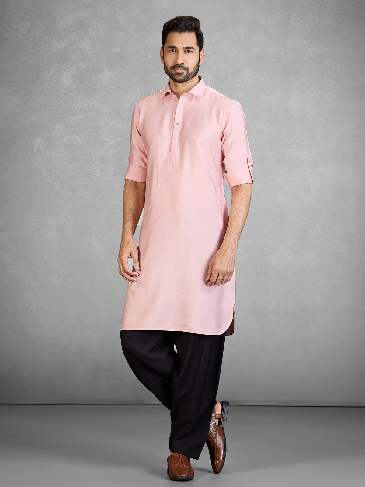 Modern pink cotton blend pathani suit with pocket