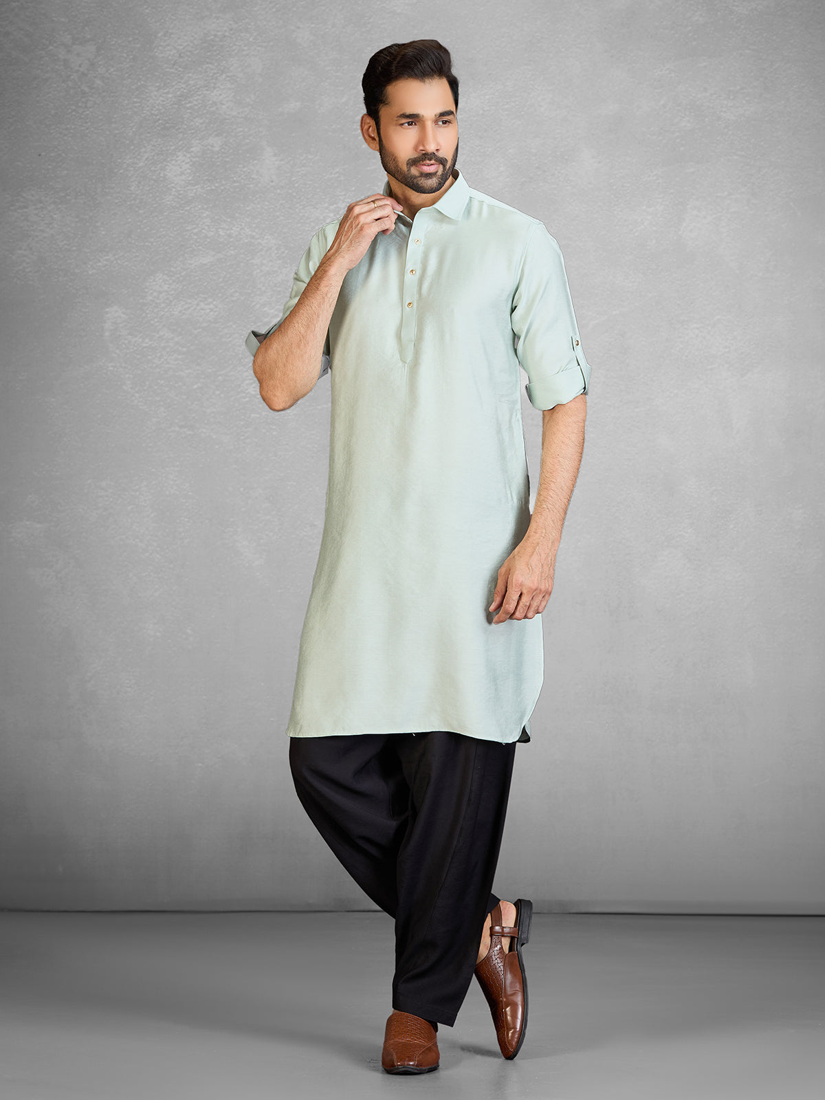 Graceful pista green cotton blend pathani suit