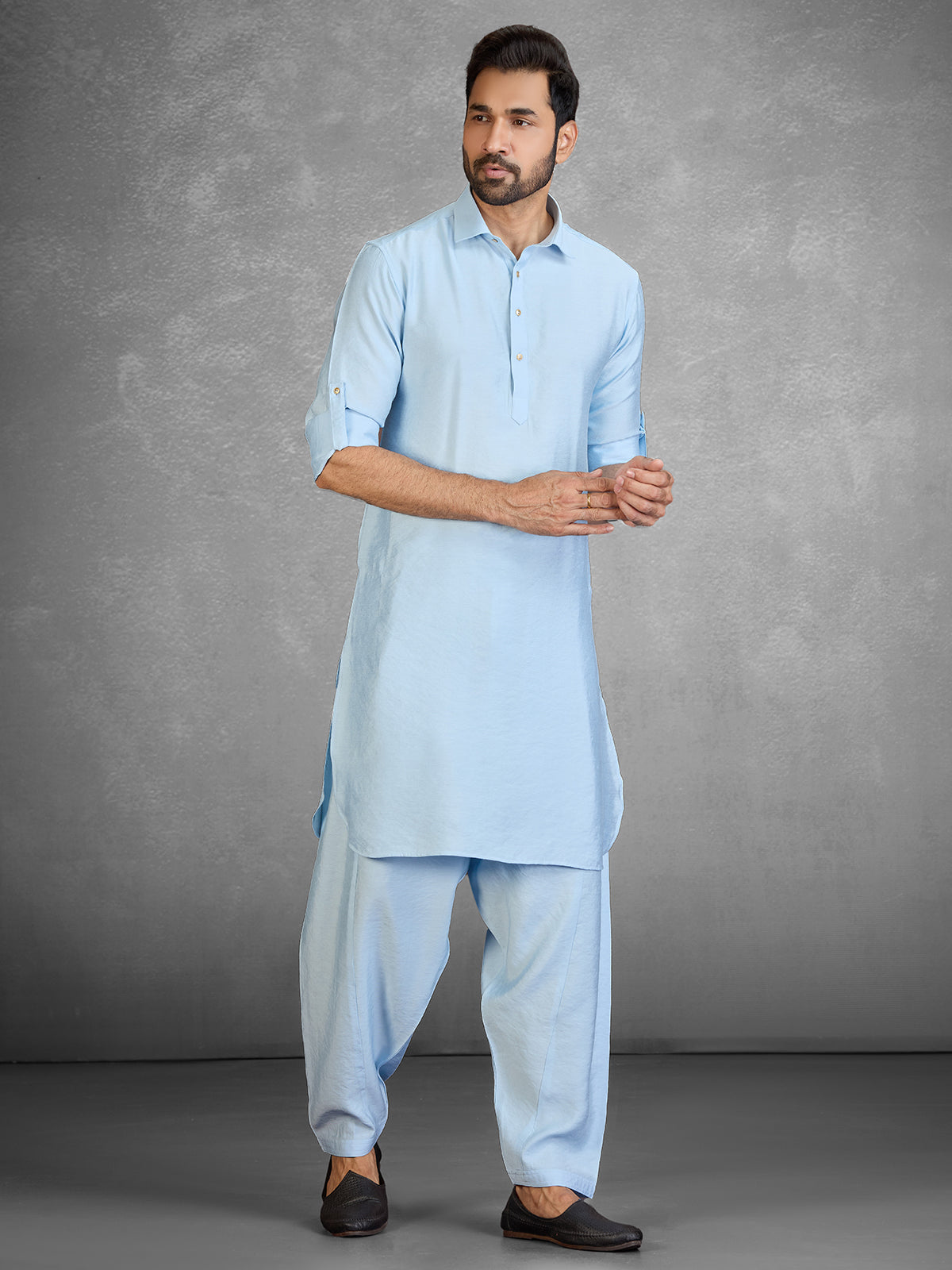 Refreshing sky blue cotton blend pathani suit