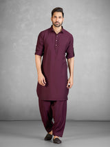 Festive wine cotton blend pathani suit for men