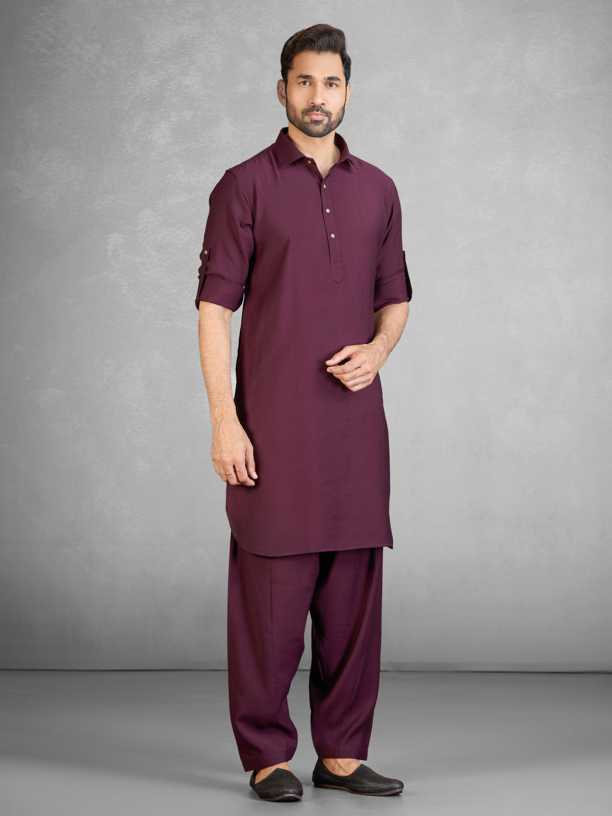 Festive wine cotton blend pathani suit for men