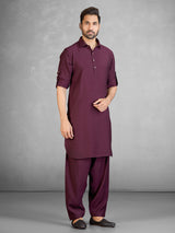 Festive wine cotton blend pathani suit for men
