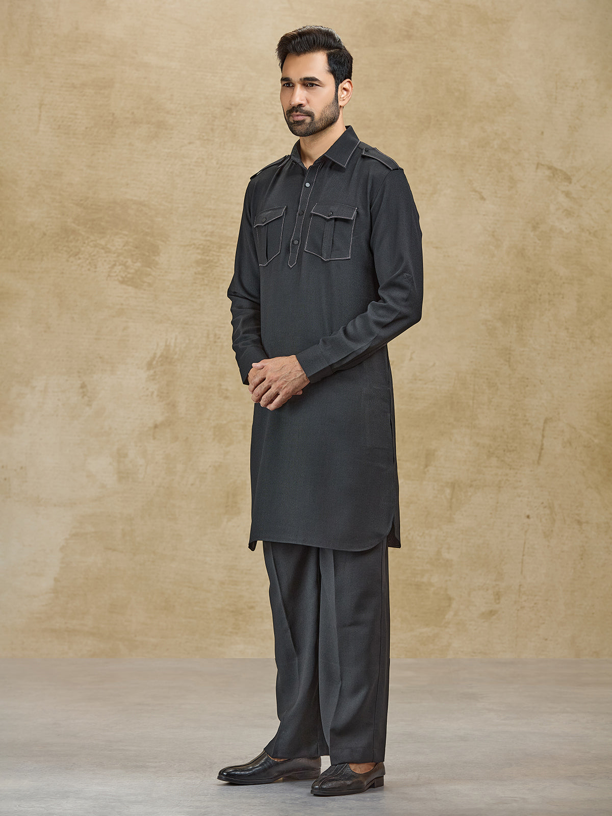 Black linen classic collar pathani suit for eid