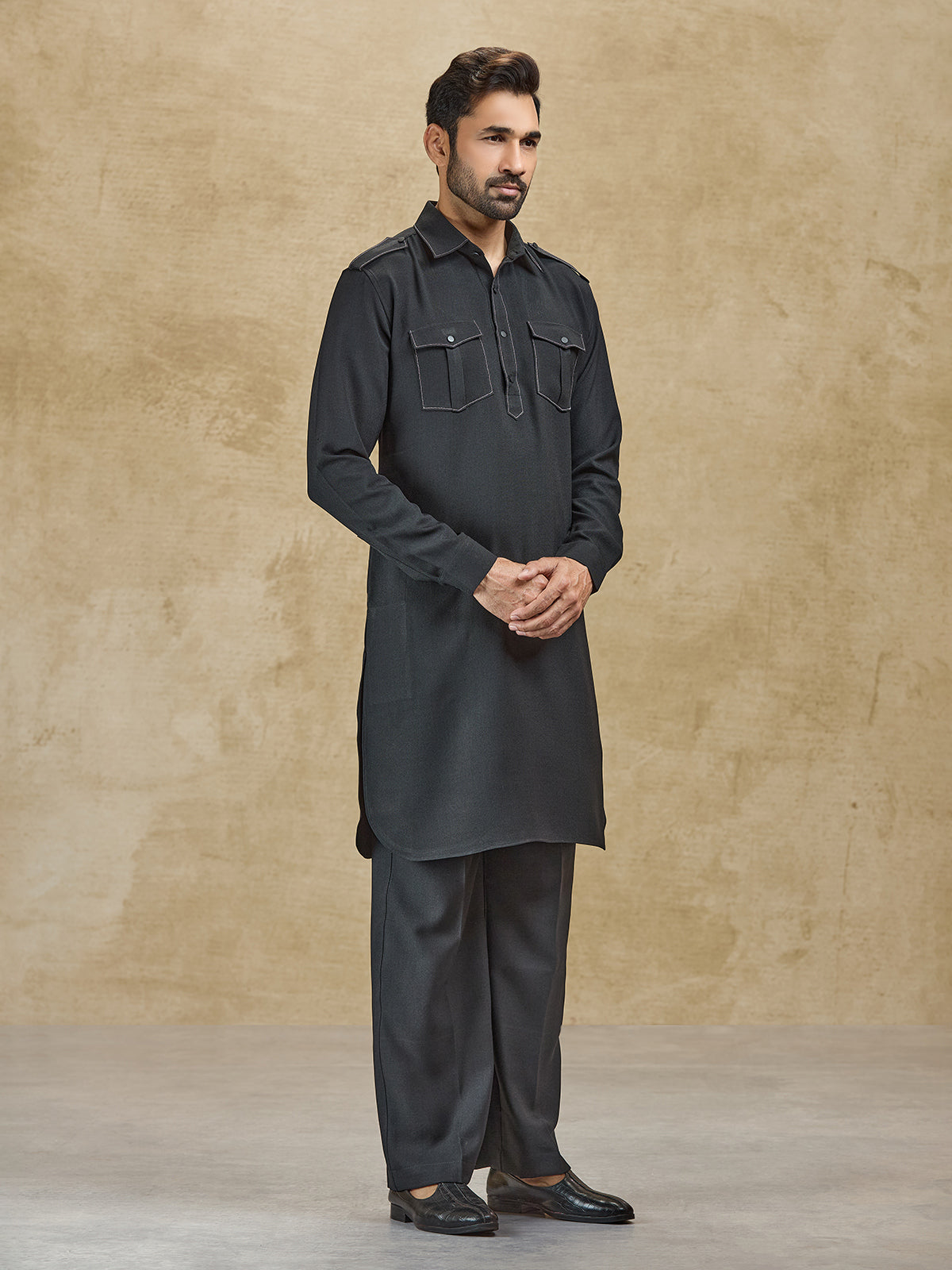 Black linen classic collar pathani suit for eid