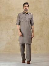 Olive linen classic collar pathani suit for festive