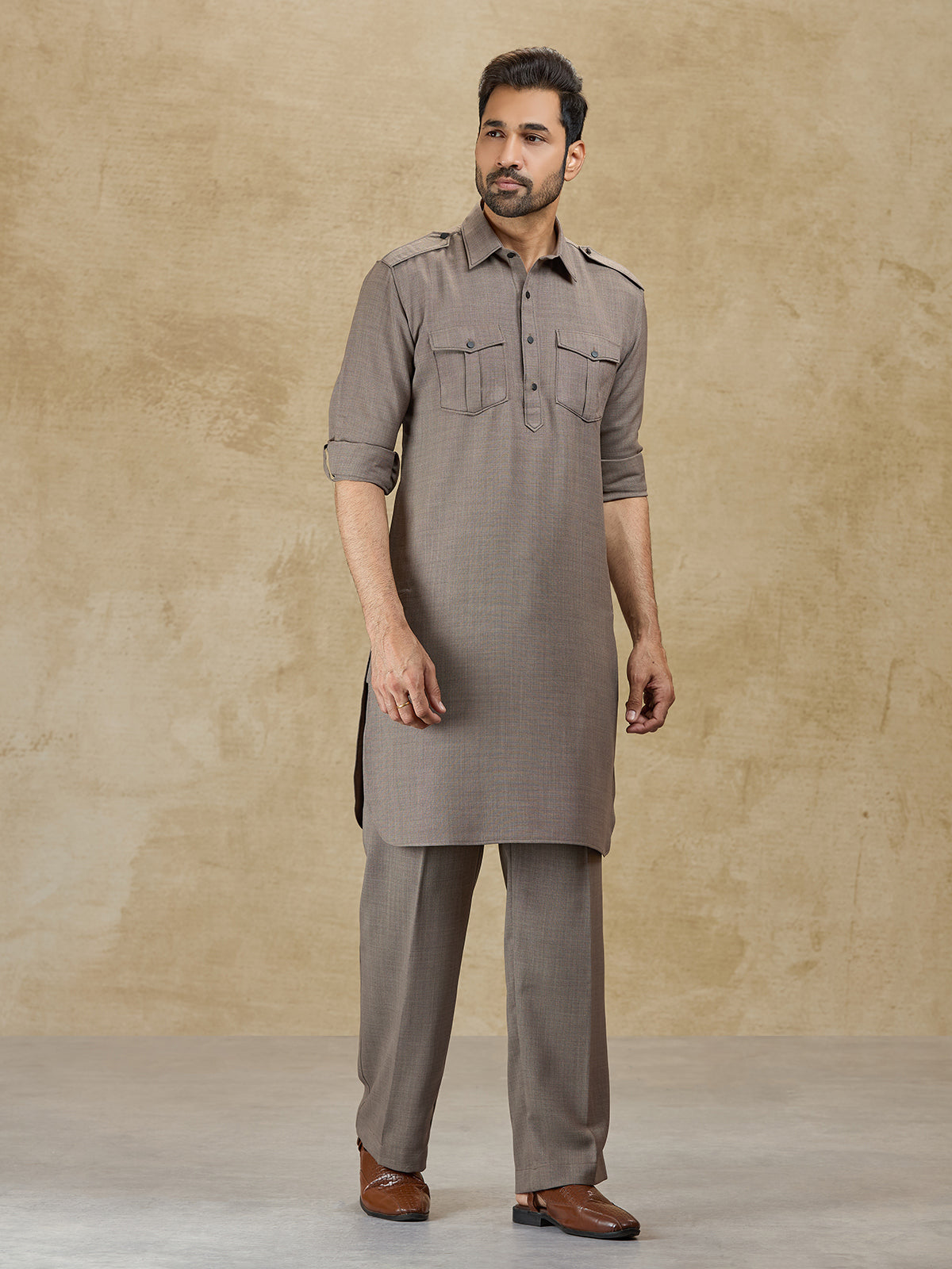 Olive linen classic collar pathani suit for festive