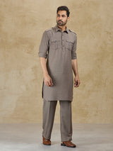 Olive linen classic collar pathani suit for festive