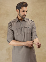 Olive linen classic collar pathani suit for festive