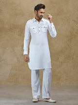 White linen classic collar pathani suit for festive