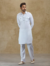 White linen classic collar pathani suit for festive