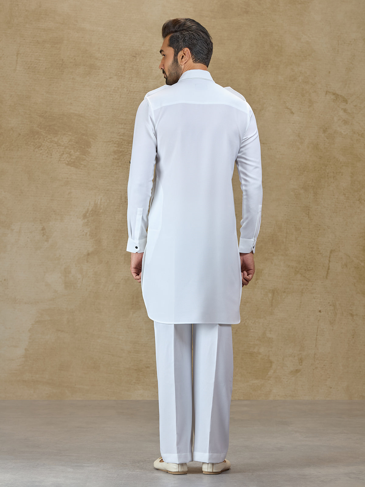 White linen classic collar pathani suit for festive