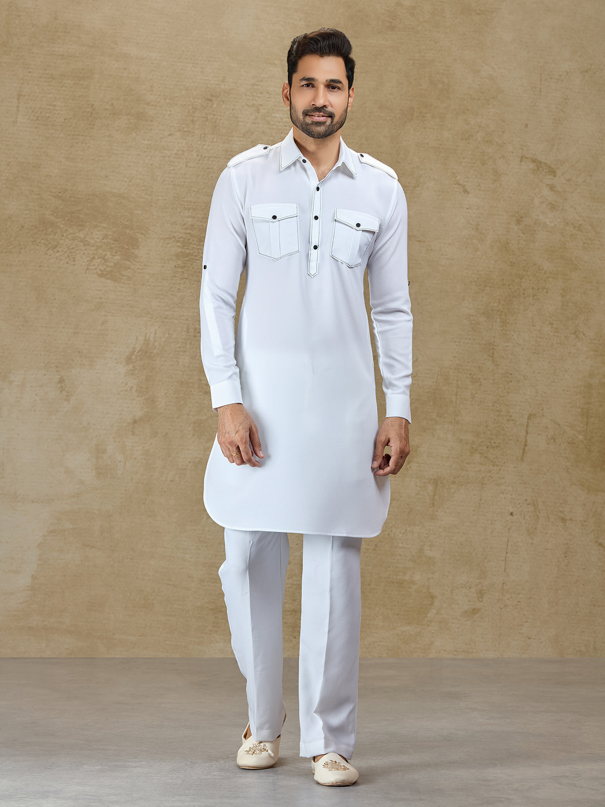 White linen classic collar pathani suit for festive