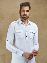 White linen classic collar pathani suit for festive