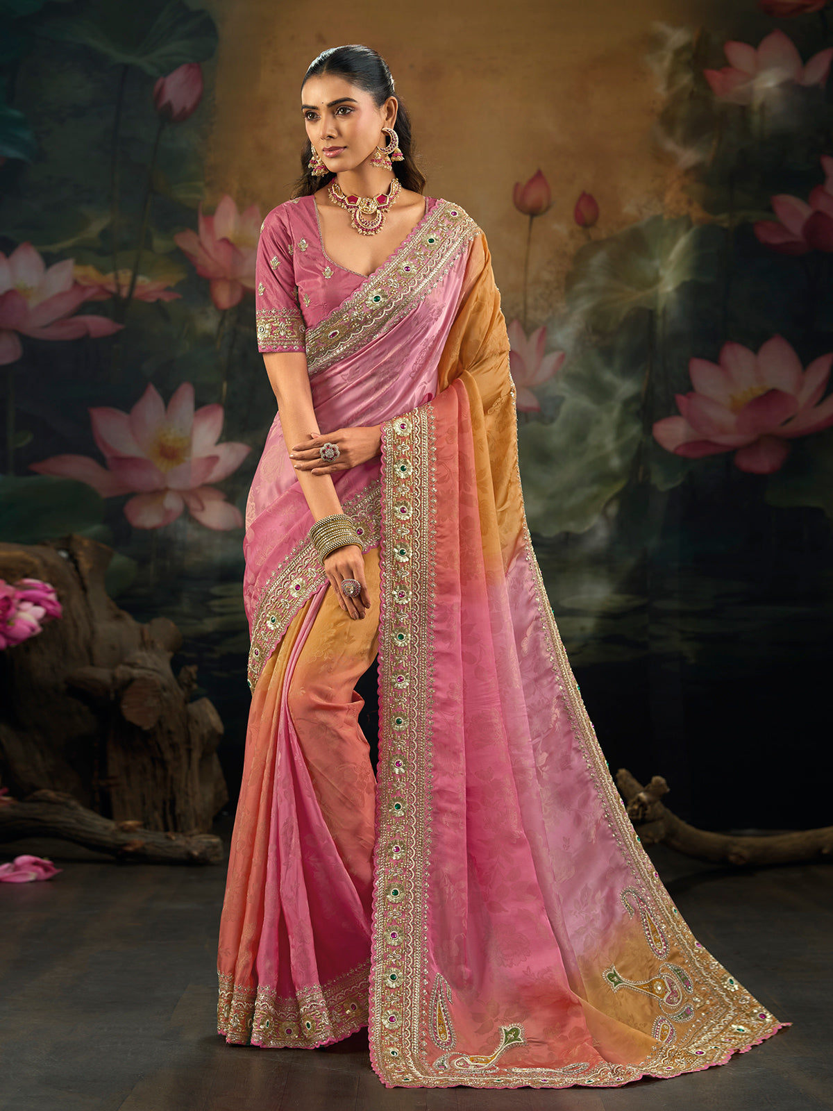 Multicolor shaded crepe saree for festive celebration