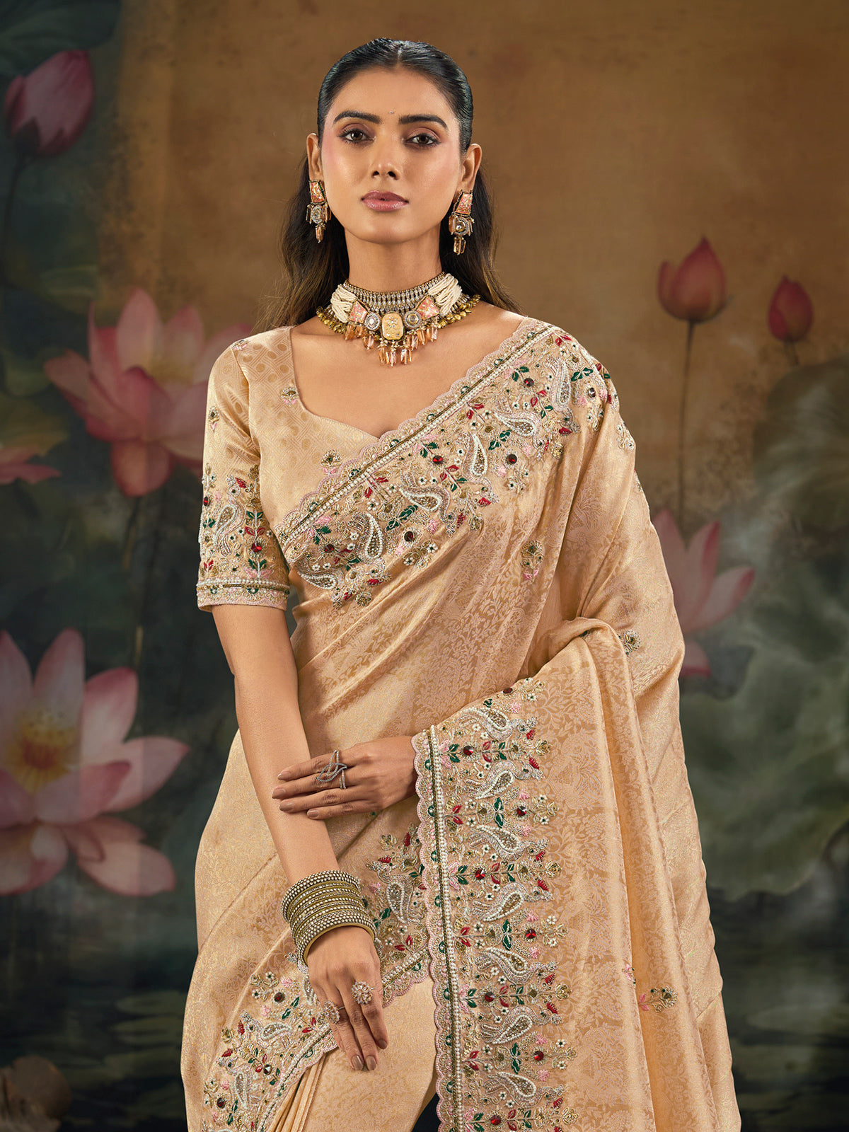 Beige reception wear pure kanjivaram saree