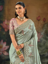 Mint green ziraf silk wedding wear saree