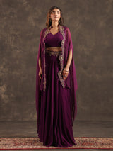 Purple viscose crepe palazzo suit with elegant shrug