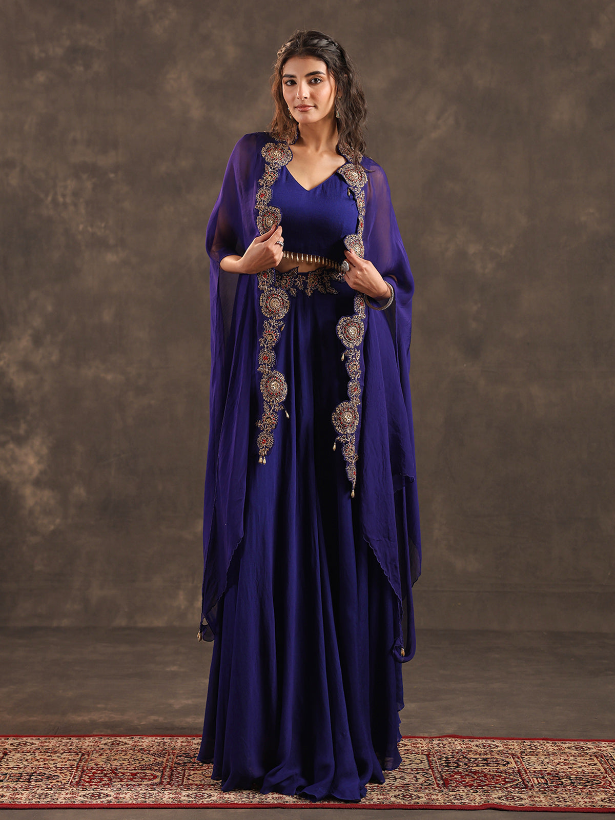 Royal blue viscose crepe designer palazzo suit with shrug