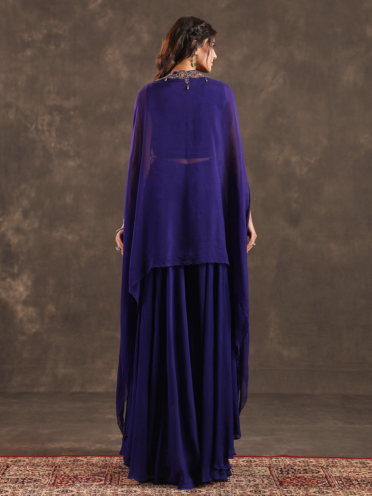 Royal blue viscose crepe designer palazzo suit with shrug