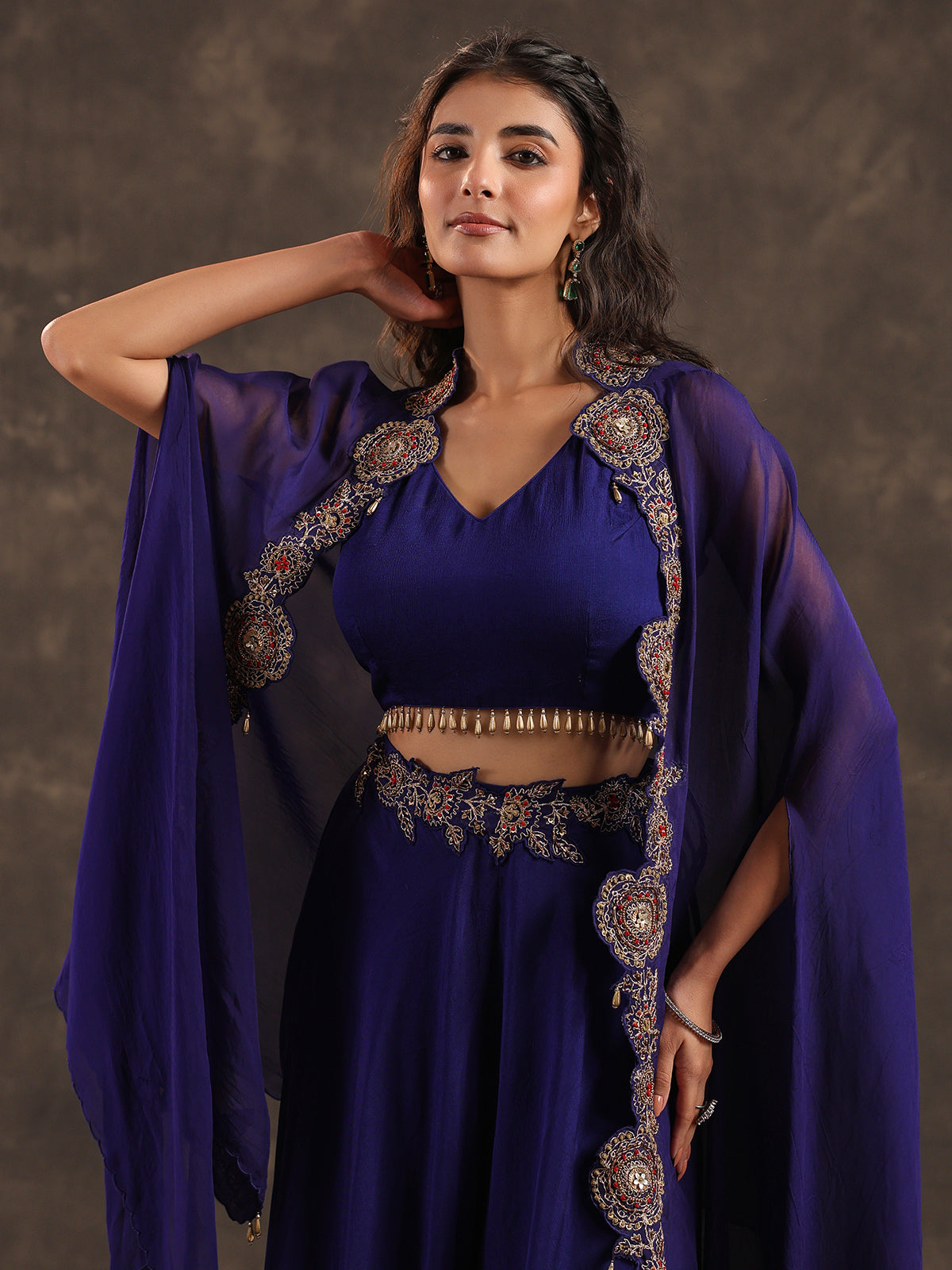 Royal blue viscose crepe designer palazzo suit with shrug