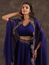 Royal blue viscose crepe designer palazzo suit with shrug