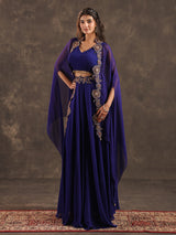 Royal blue viscose crepe designer palazzo suit with shrug