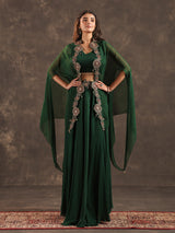 Elegant green viscose crepe palazzo suit with designer shrug