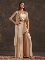 Beige chinon jacket style sharara suit with pearl embellishments