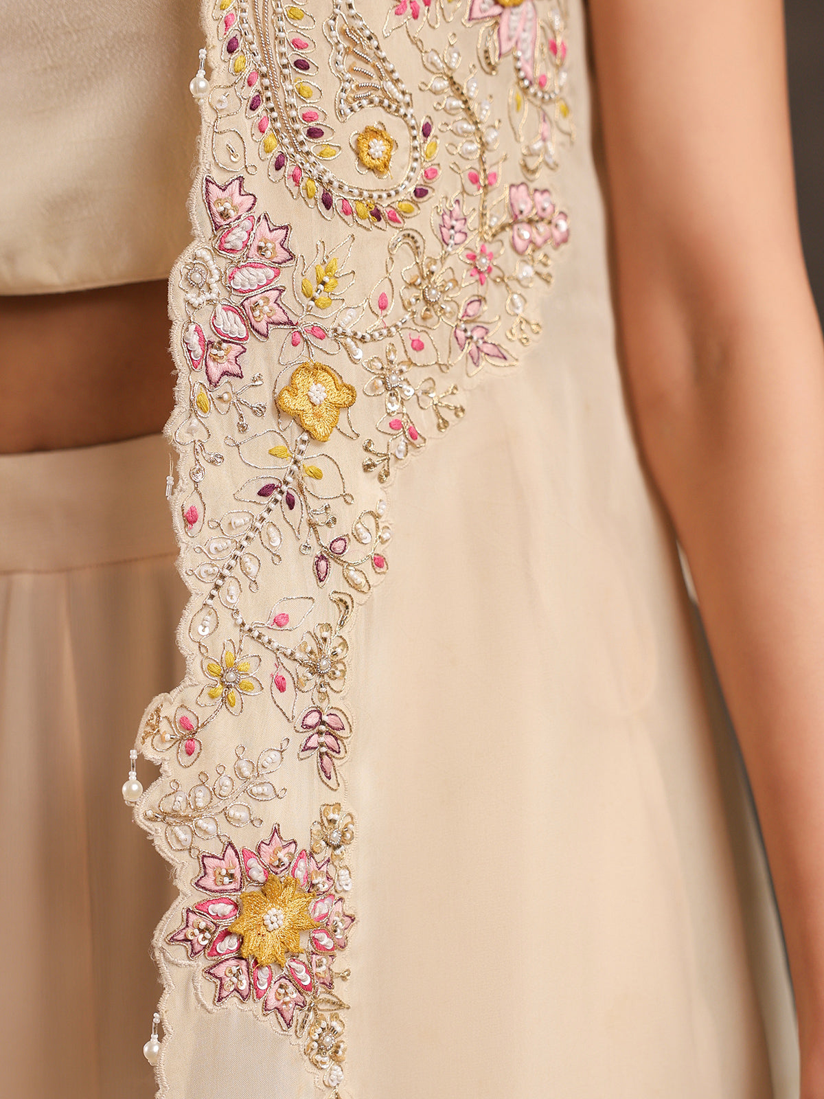 Beige chinon jacket style sharara suit with pearl embellishments