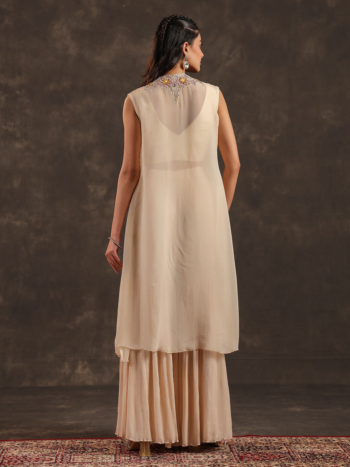 Beige chinon jacket style sharara suit with pearl embellishments