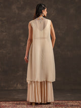 Beige chinon jacket style sharara suit with pearl embellishments