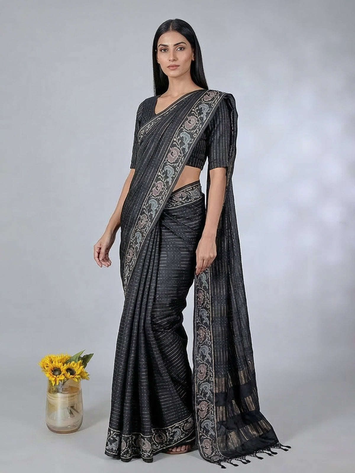 Black art tusser silk patola print border saree