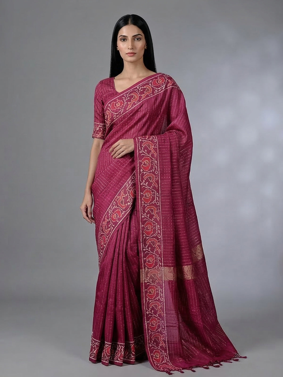 Maroon art tusser silk patola print border saree