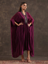 Purple modal satin layered kaftan suit for festive wear
