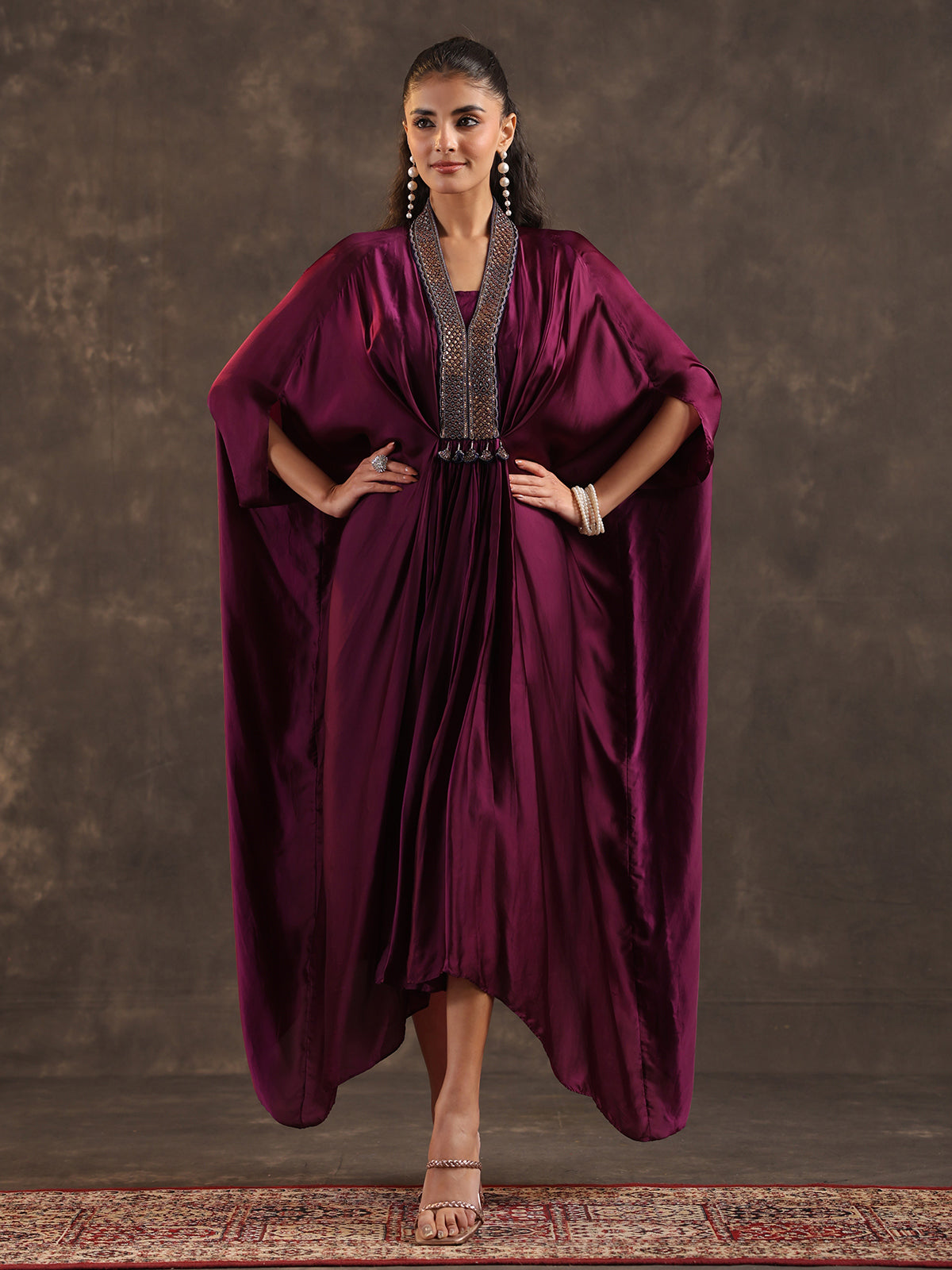 Purple modal satin layered kaftan suit for festive wear
