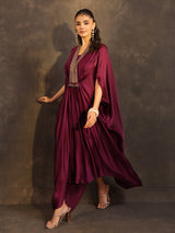 Purple modal satin layered kaftan suit for festive wear