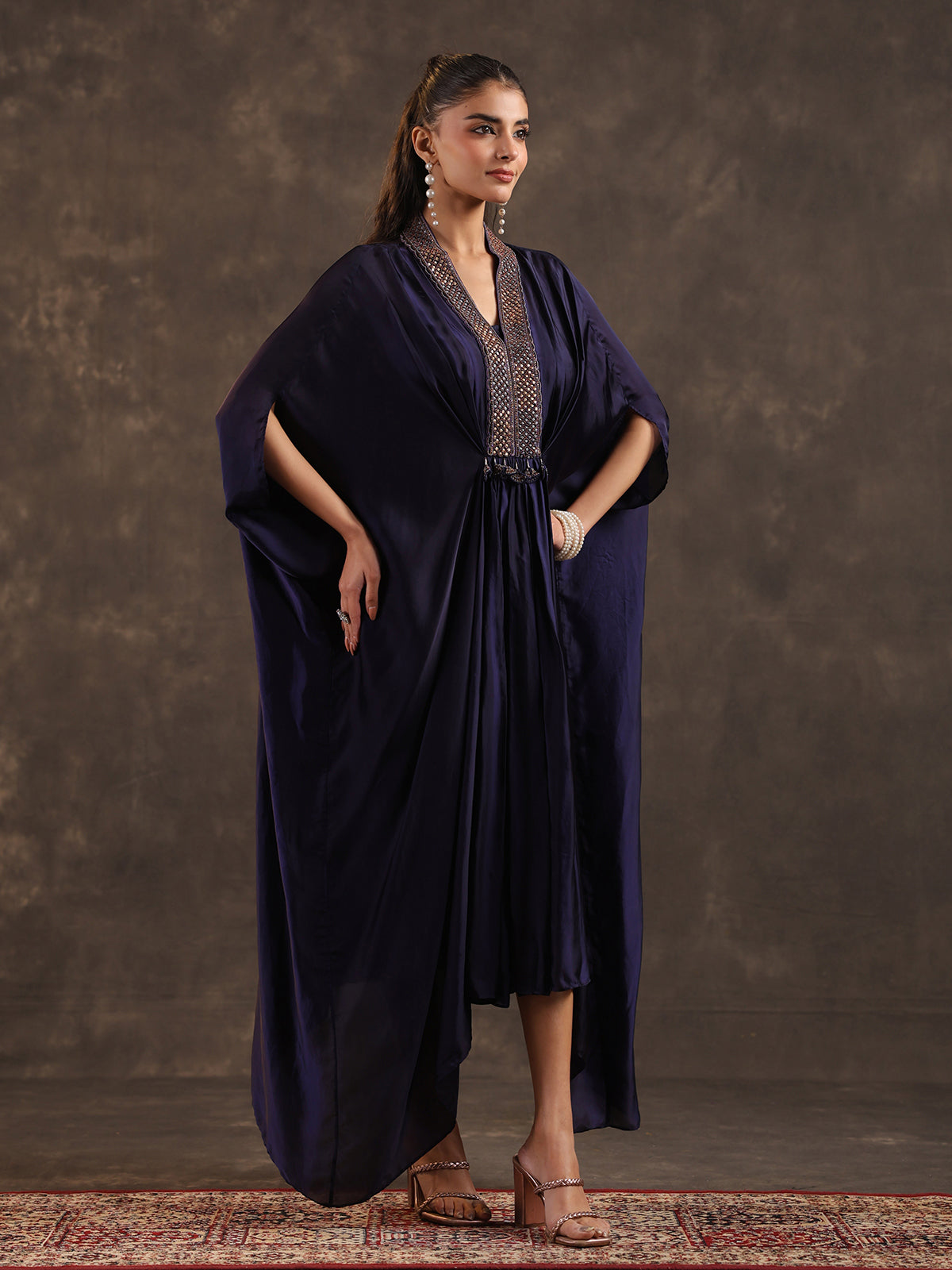 Navy blue modal satin flared kaftan suit with festive sparkle
