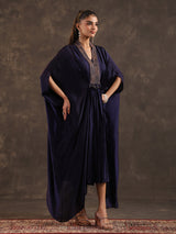 Navy blue modal satin flared kaftan suit with festive sparkle
