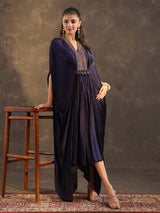 Navy blue modal satin flared kaftan suit with festive sparkle