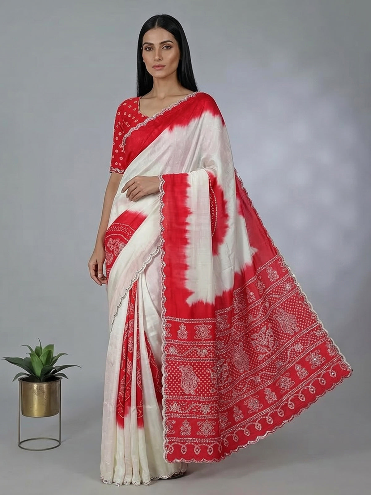 White and red bandhej muslin silk saree