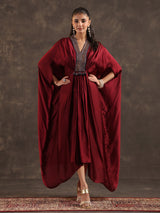 Maroon modal satin flared kaftan suit with festive embellishments